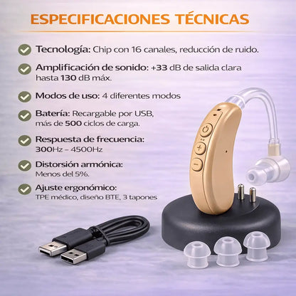 Audífono Recargable Pro - Amplificador de Sonido para Oído