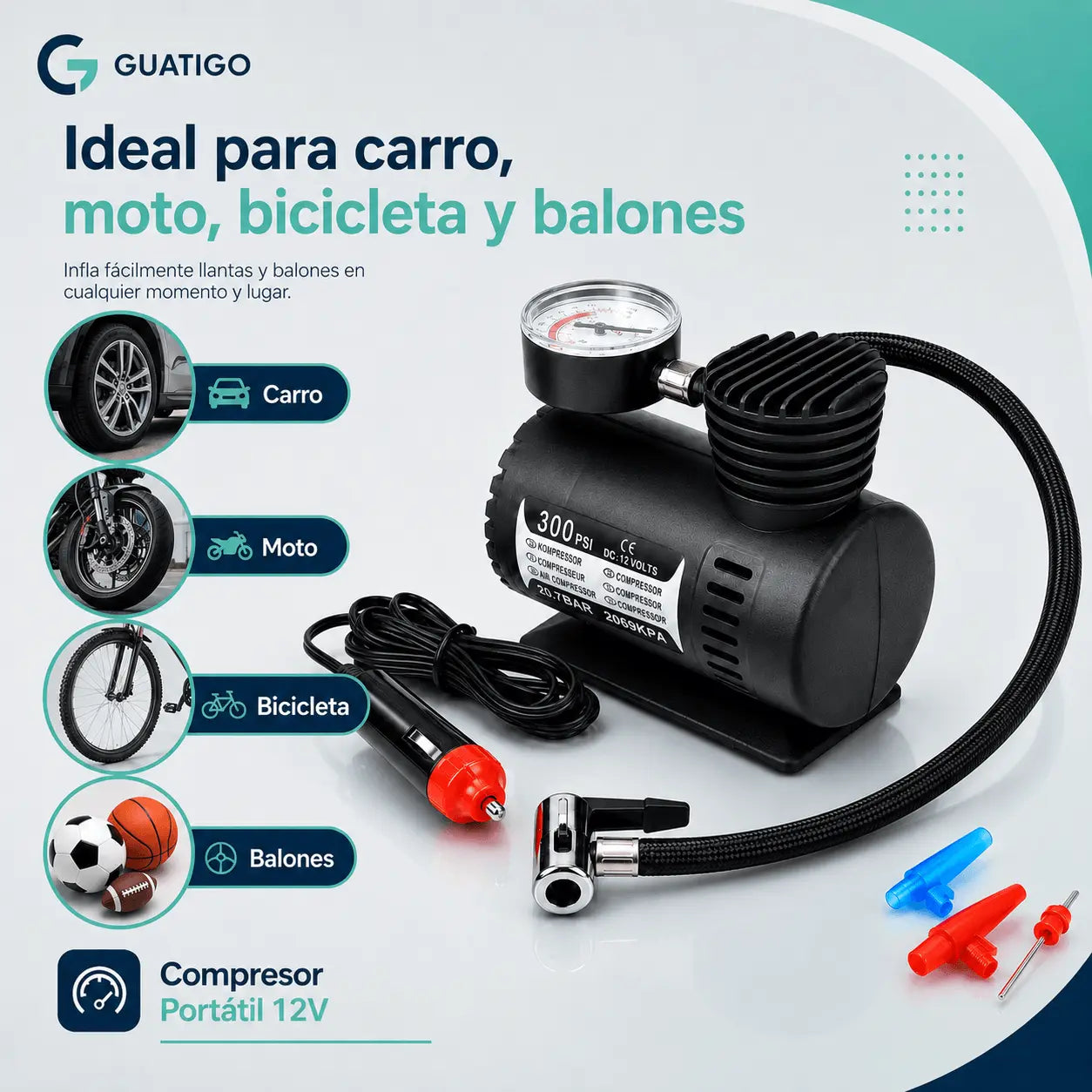 Compresor de Aire Portátil 12V para Carro, Moto y Bicicleta