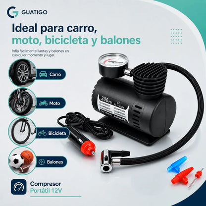 Compresor de Aire Portátil 12V para Carro, Moto y Bicicleta