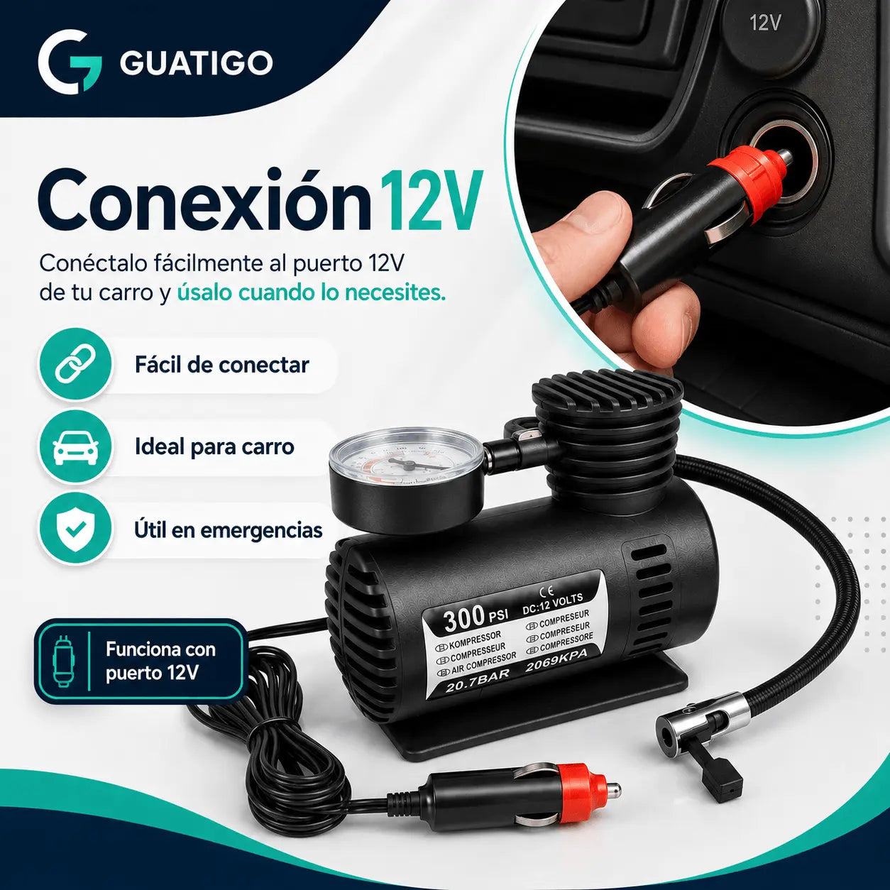 Compresor de Aire Portátil 12V para Carro, Moto y Bicicleta