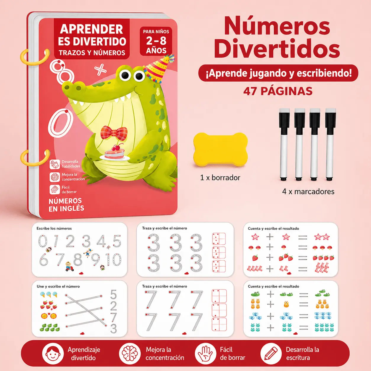 Kit Educativo Reutilizable para Niños – Aprende Números y Escritura Jugando (47 Páginas)