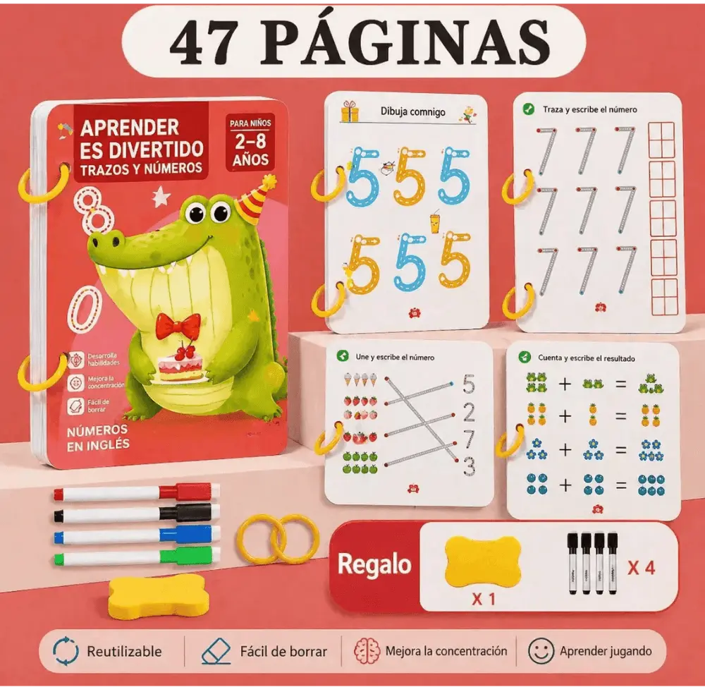 Kit Educativo Reutilizable para Niños – Aprende Números y Escritura Jugando (47 Páginas)